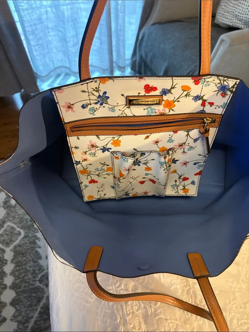 Tory Burch Floral Print Cream Women’s tote with Brown Trim